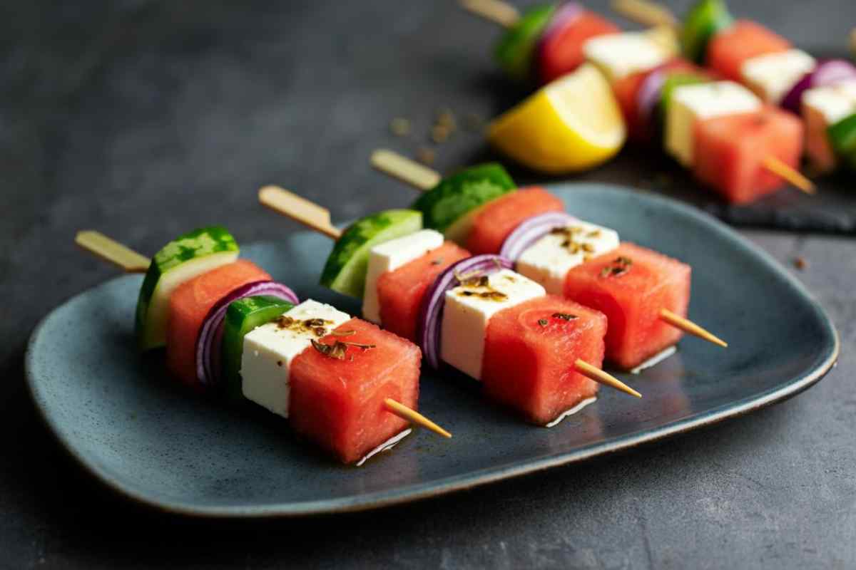 Preparare spiedini di anguria e feta